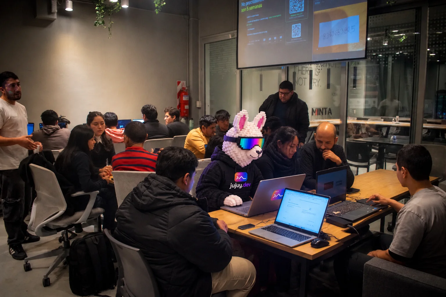 Meetup en MINTA, con la mascota llama de jujuy.dev y gente con notebooks